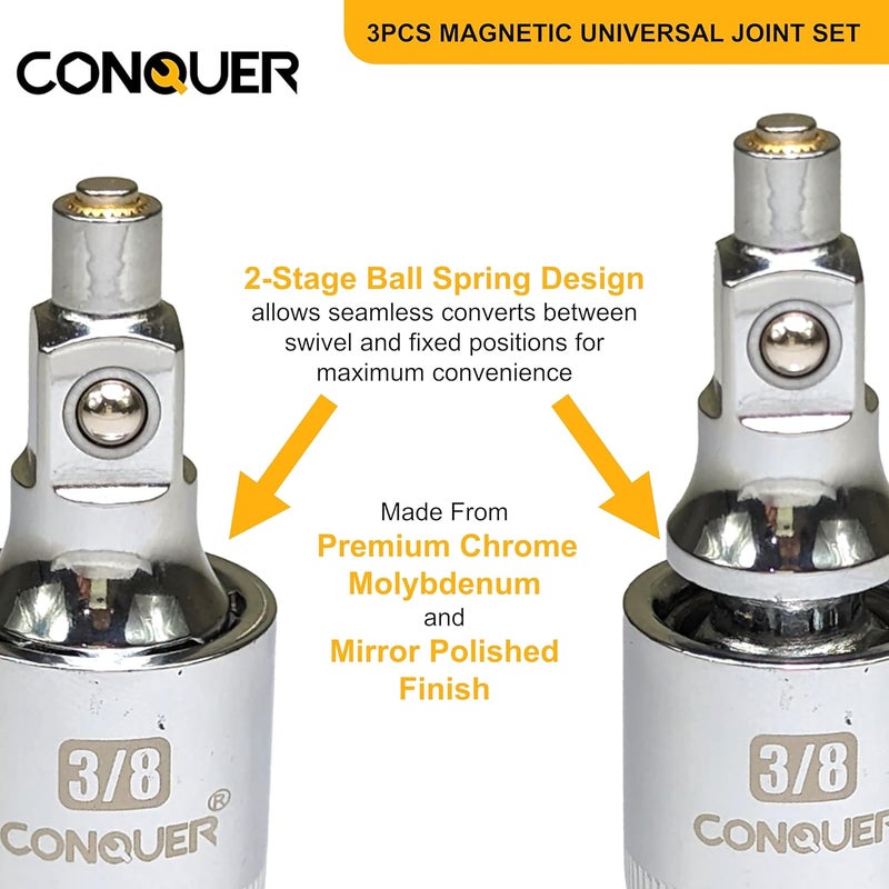 Conquer Magnetic 2-Stage Universal Joint Socket Extension Set – 1/4", 3/8" & 1/2" Drive CR-MO Steel Adapters with Swivel & Fixed Positions, Magnetic Tip for Automotive, Mechanic & DIY Repairs - Image 3